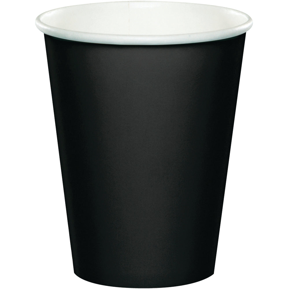 Solid Black 9 ounce paper party cup for hot or cold beverages.