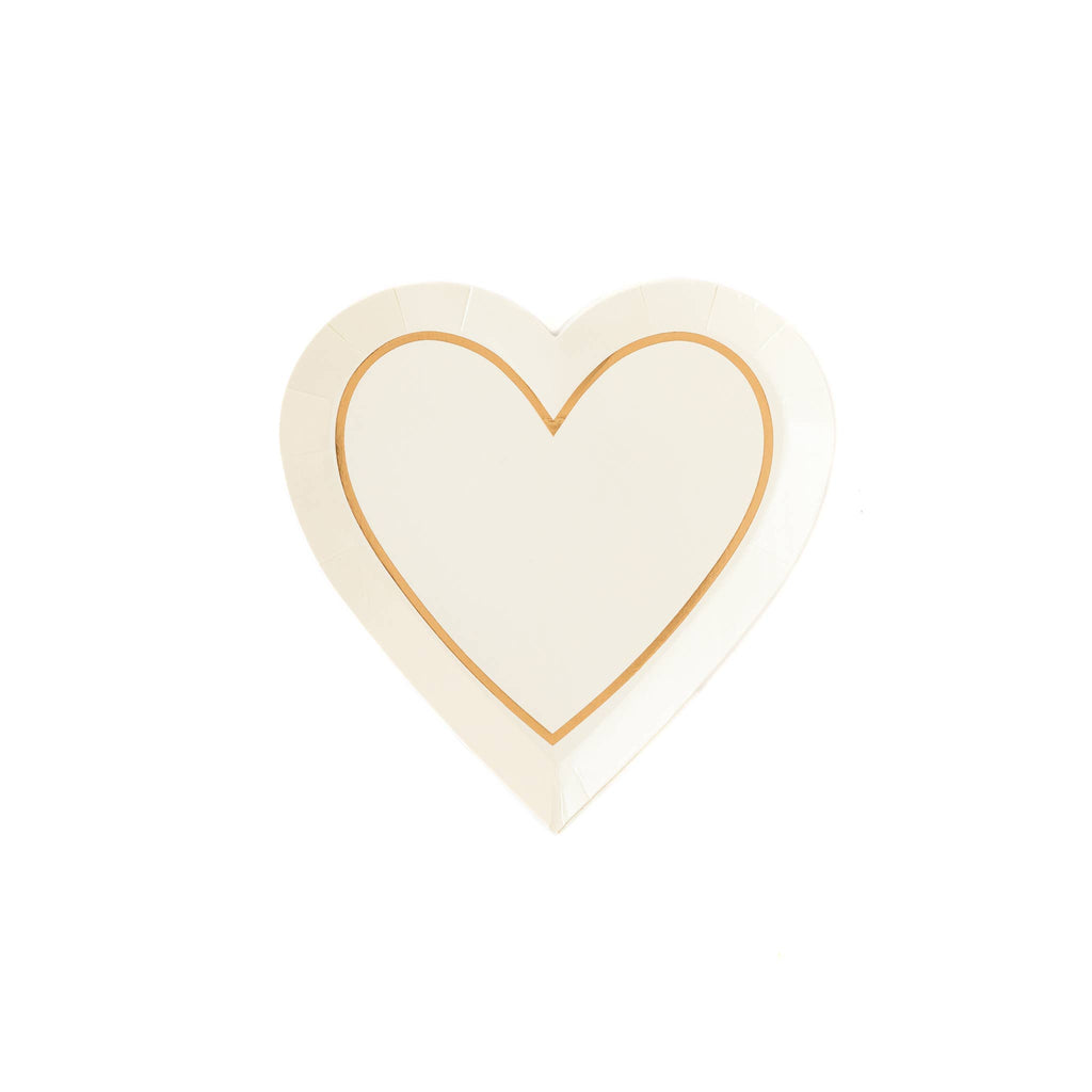 Cream Die Cut Heart Shaped Party Plates with Gold Foil Heart Lining the Plate.