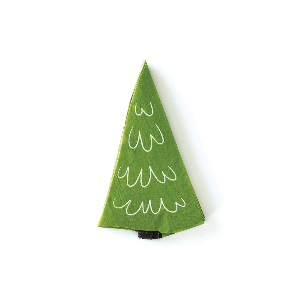 Green Die Cut Evergreen Tree Party Napkin with white squiggly lines to show leaves and a brownish-black short trunk at the bottom