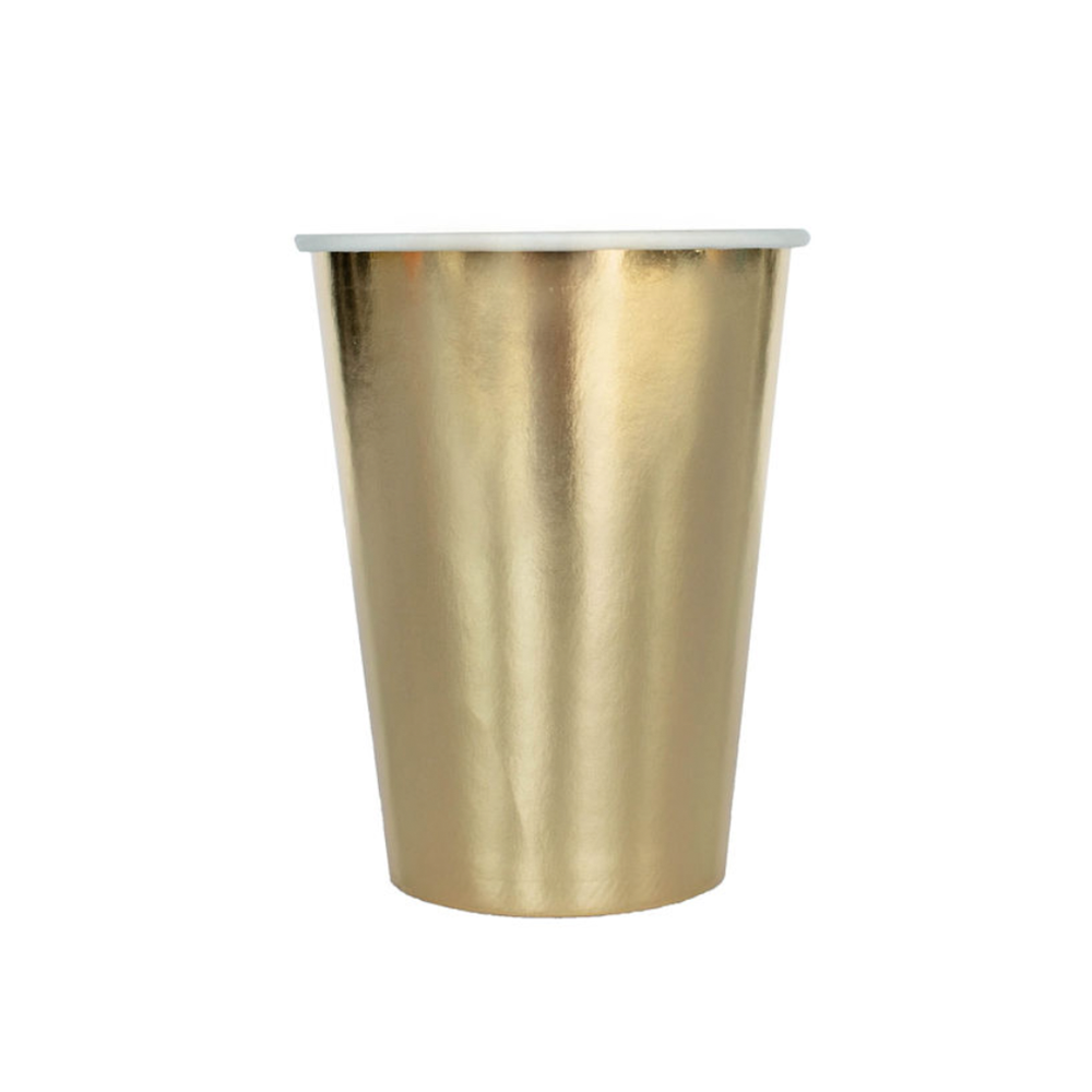 Gold metallic paper cup on a white background
