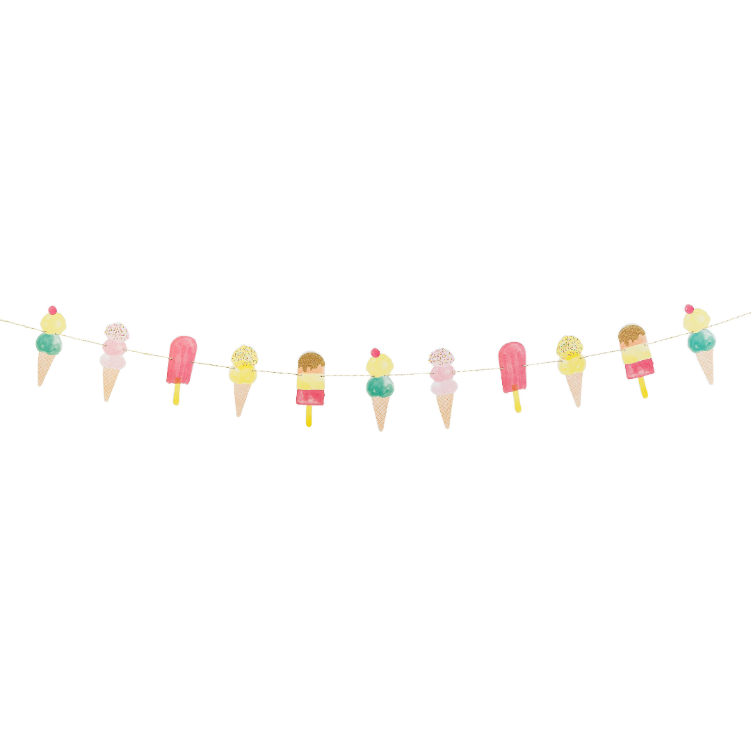 Watercolor-style ice cream and popsicle garland banner strung across a white background.