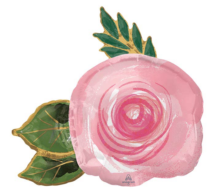 Light Pink Rose Flower Shaped Foil Balloon with Medium Pink details, and floral greenery on the sides