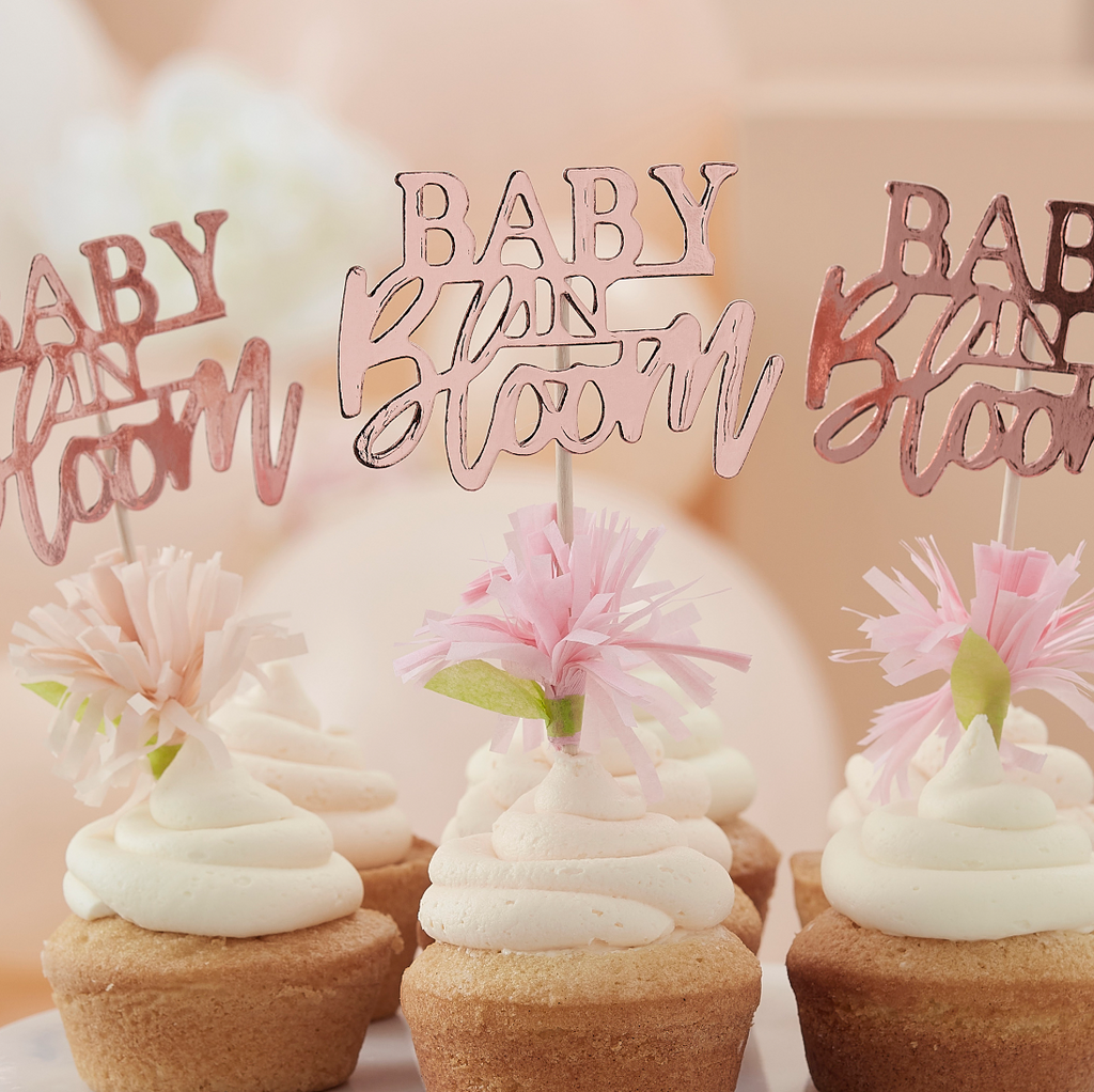 Rose Gold Baby in Bloom Floral Baby Shower Cupcake Toppers