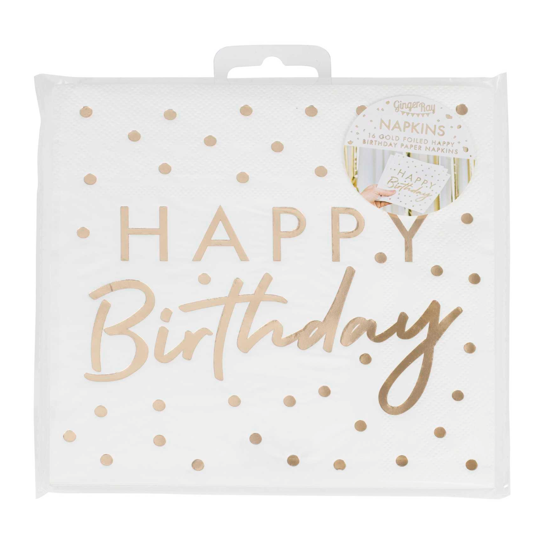 White & Gold Foiled Happy Birthday Paper Napkins - 16pk