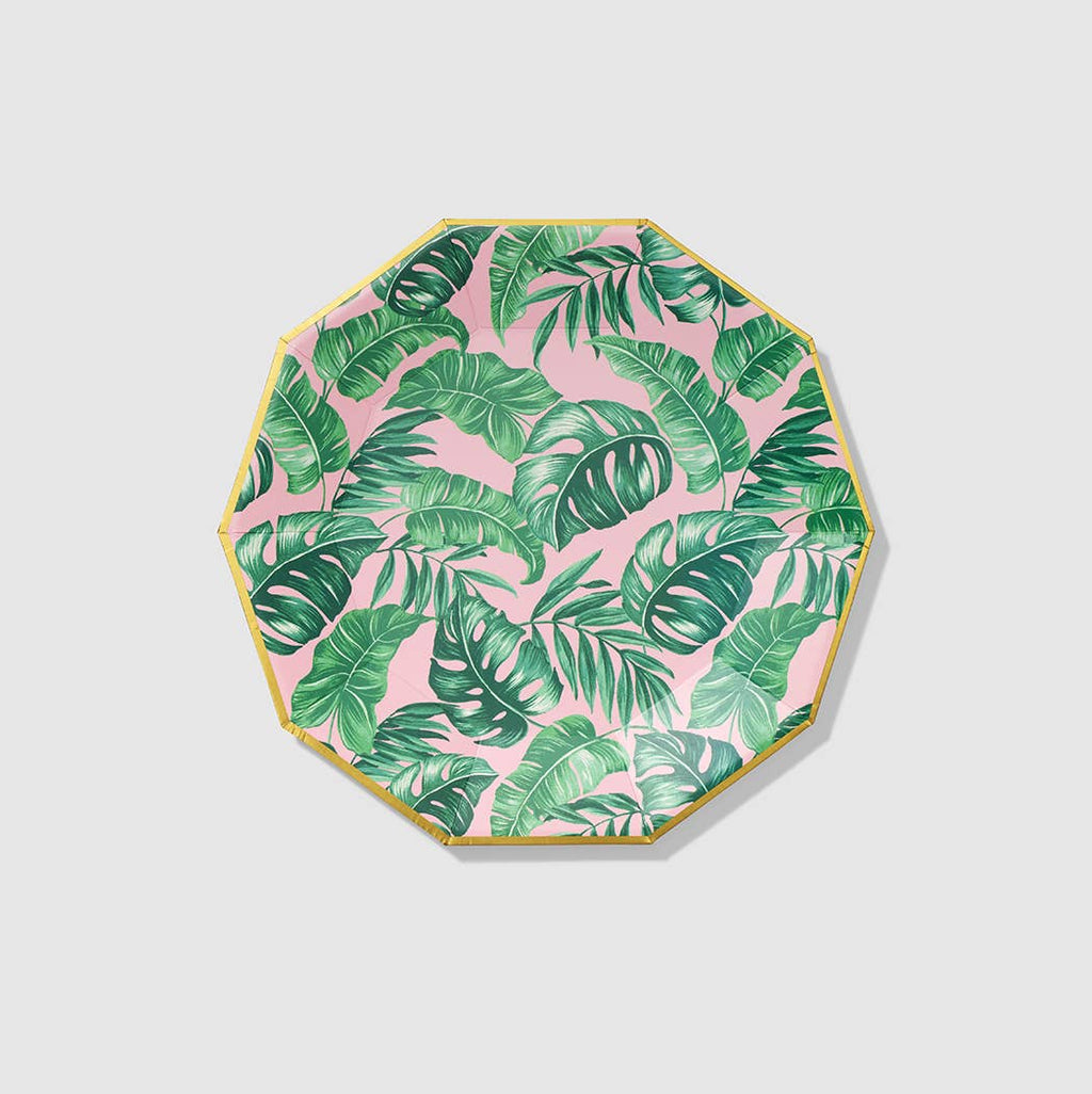 Tropical Party Pink Palm Leaf Large Paper Plates - 10pk