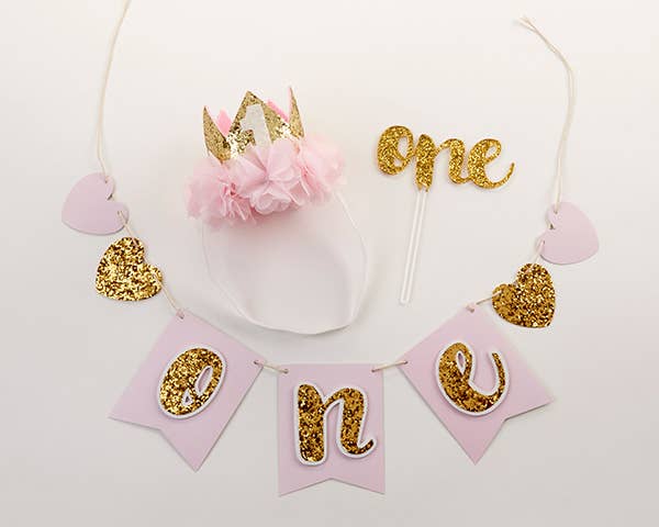 Pink & Gold Glitter Baby Girl 1st Birthday Party Kit