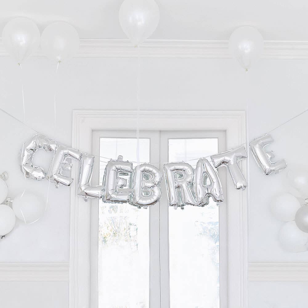 Celebrate Silver Mylar Foil Balloon Banner
