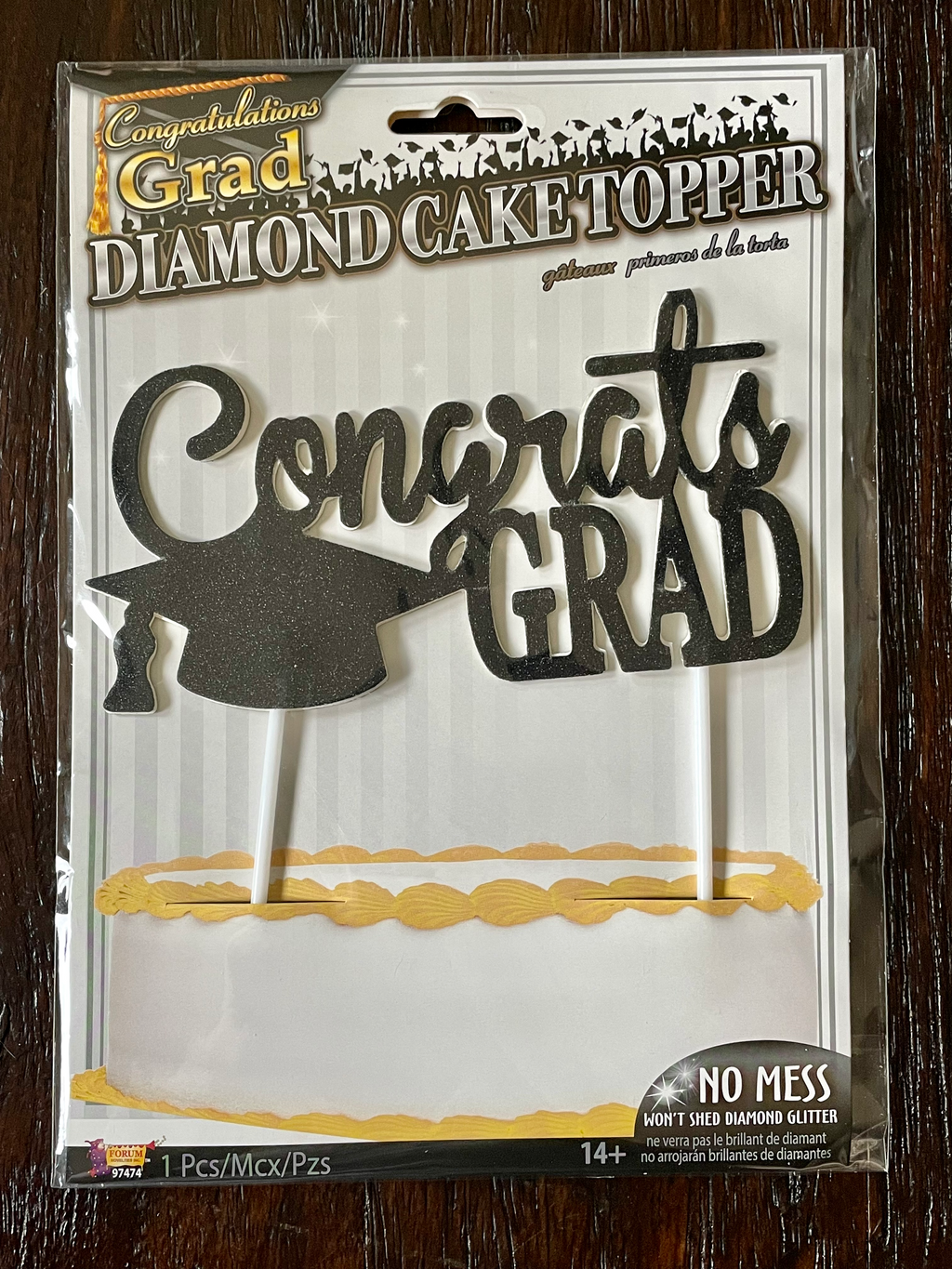 Congrats Grad Black (No Mess) Diamond Glitter Graduation Party Cake Topper
