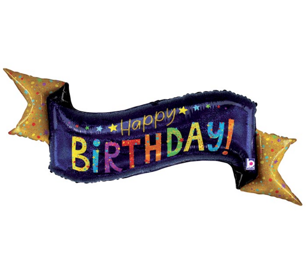 Navy Holographic Happy Birthday Banner Shape Packaged Foil Balloon 45"