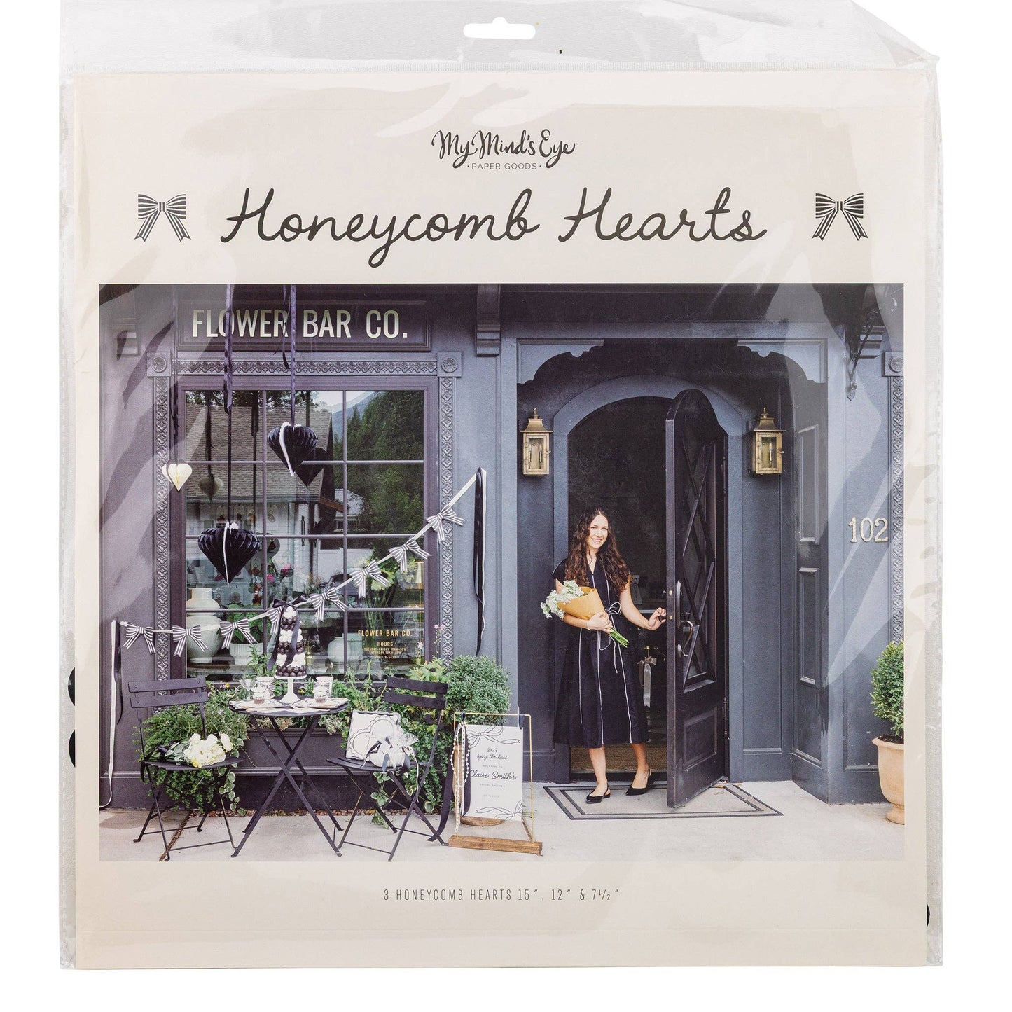 Black & White Assorted Honeycomb Hanging Hearts - 3pk