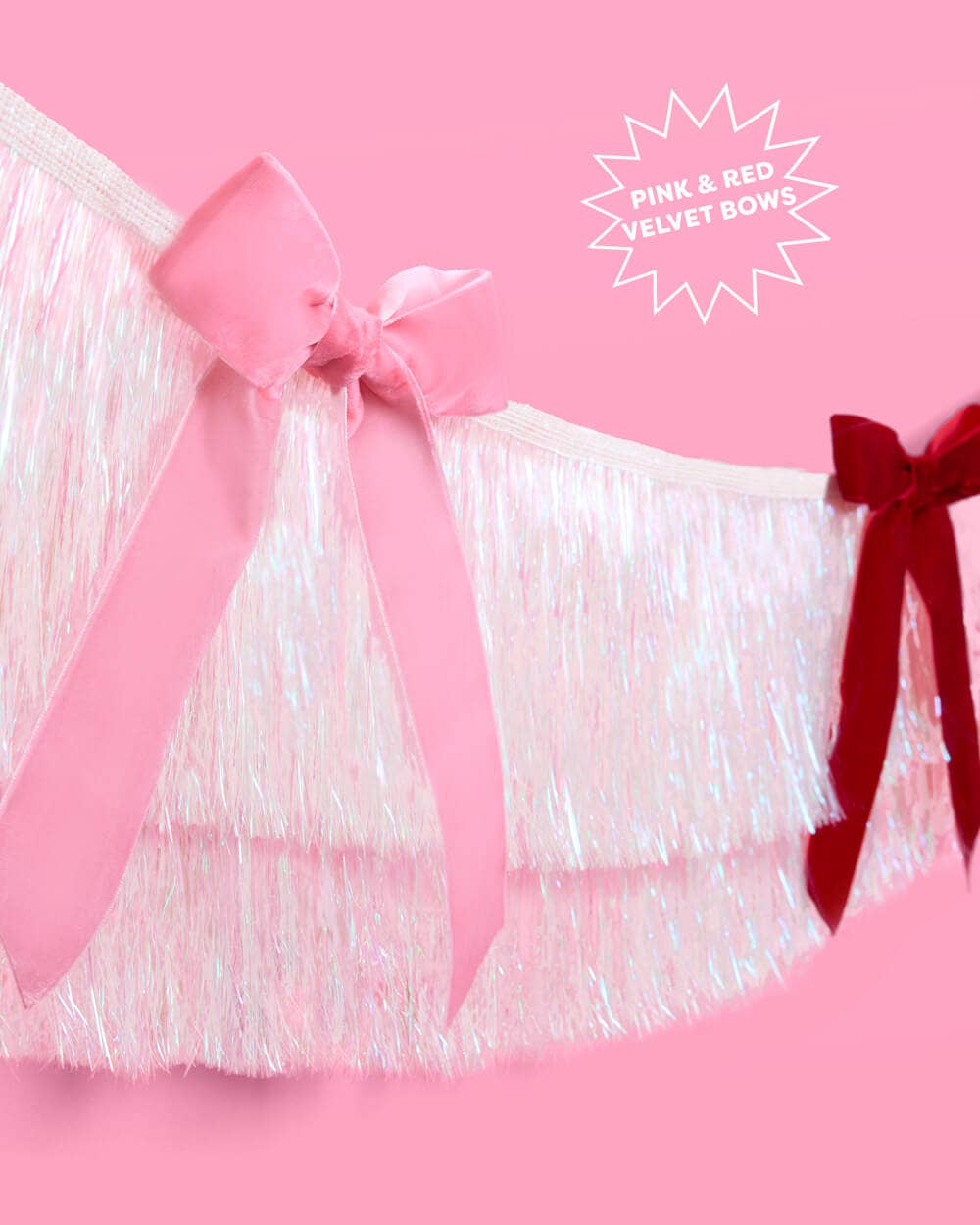 White Iridescent Fringe Garland with Red and Pink Velvet Bows