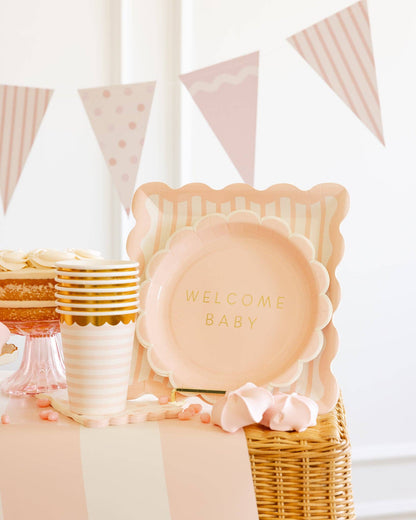 Welcome Baby Girl Pink Scalloped Paper Plates- 8pk