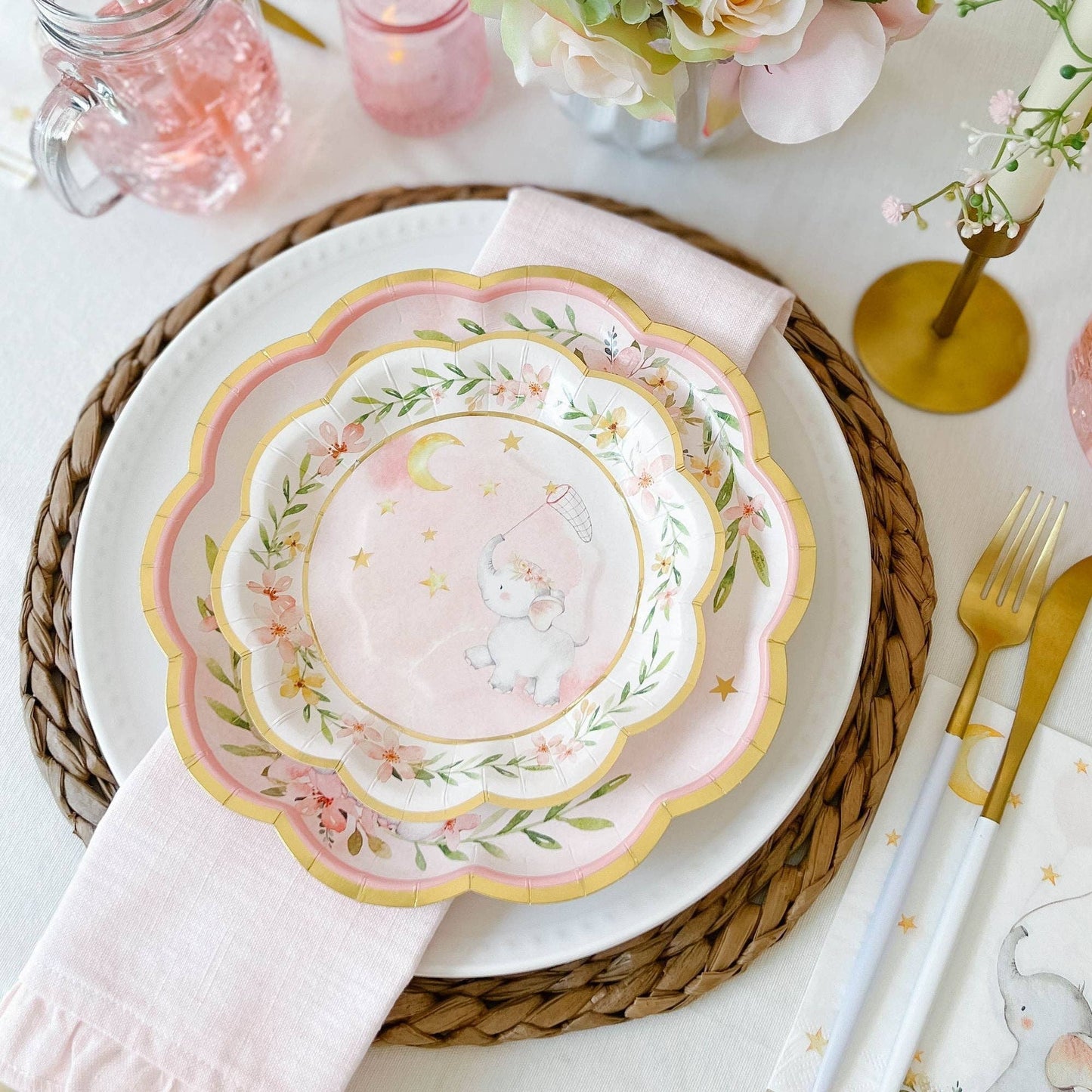 Pink Elephant Baby Shower Premium Small Paper Plates - 16pk