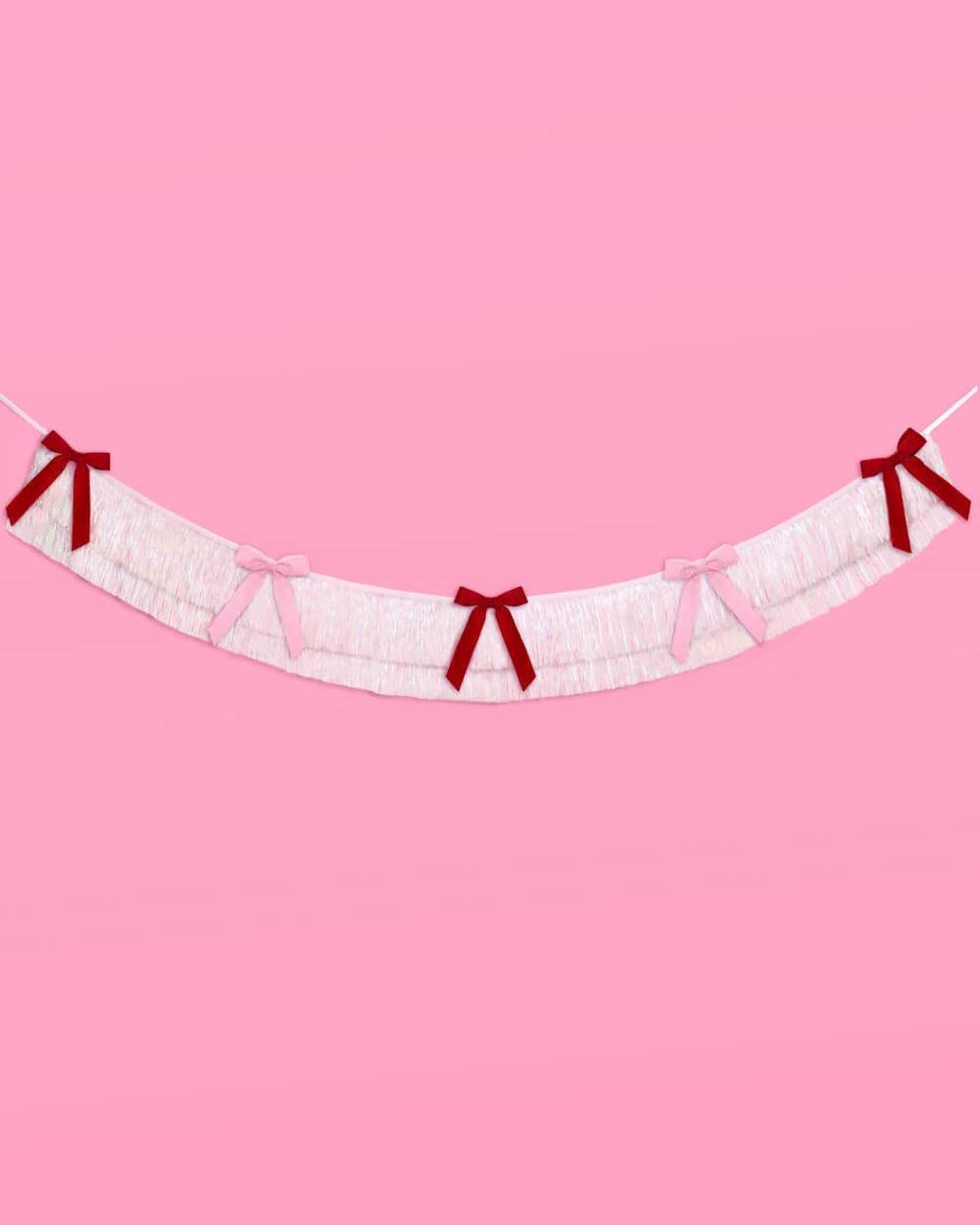 White Iridescent Fringe Garland with Red and Pink Velvet Bows