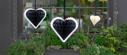 Black & White Assorted Honeycomb Hanging Hearts - 3pk