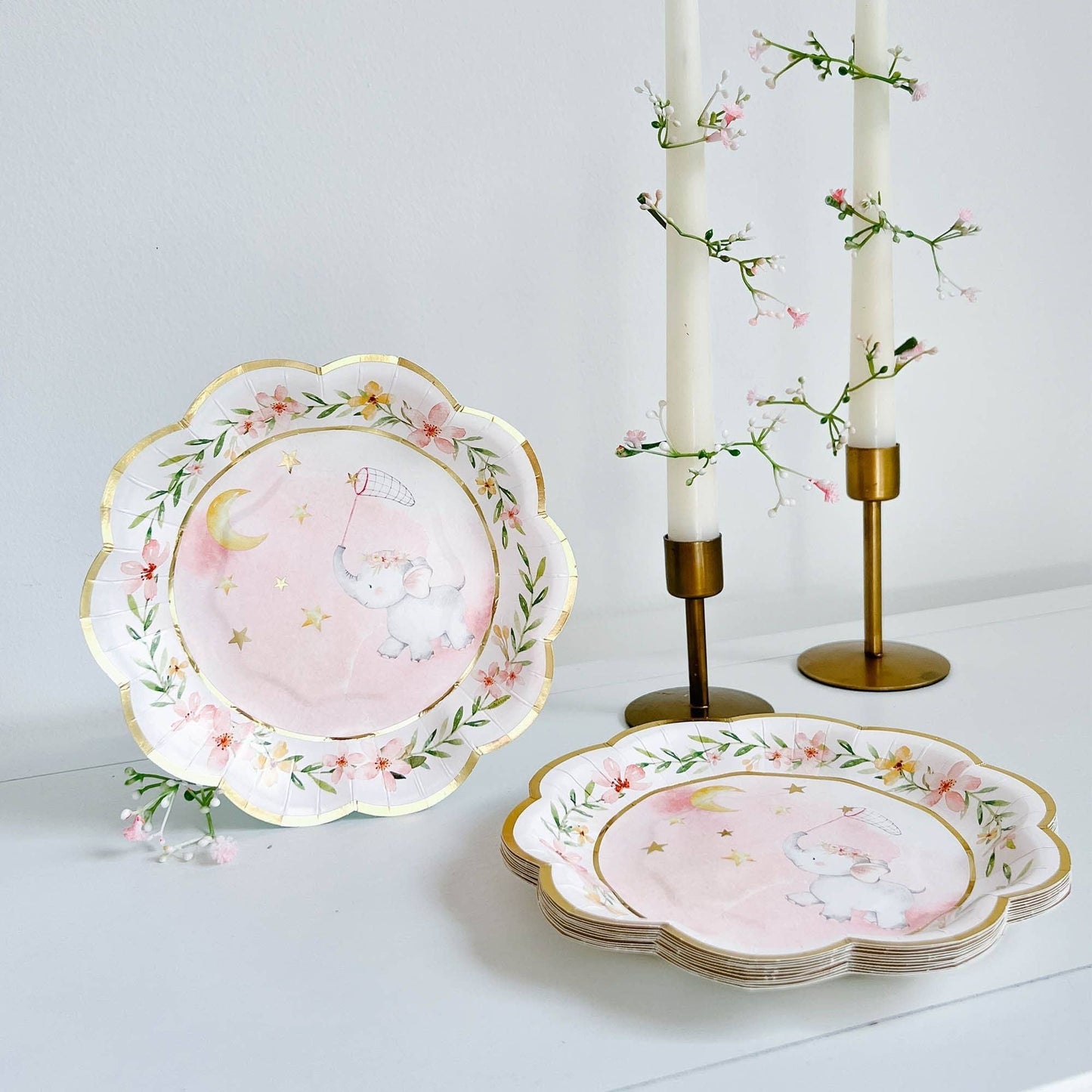 Pink Elephant Baby Shower Premium Small Paper Plates - 16pk