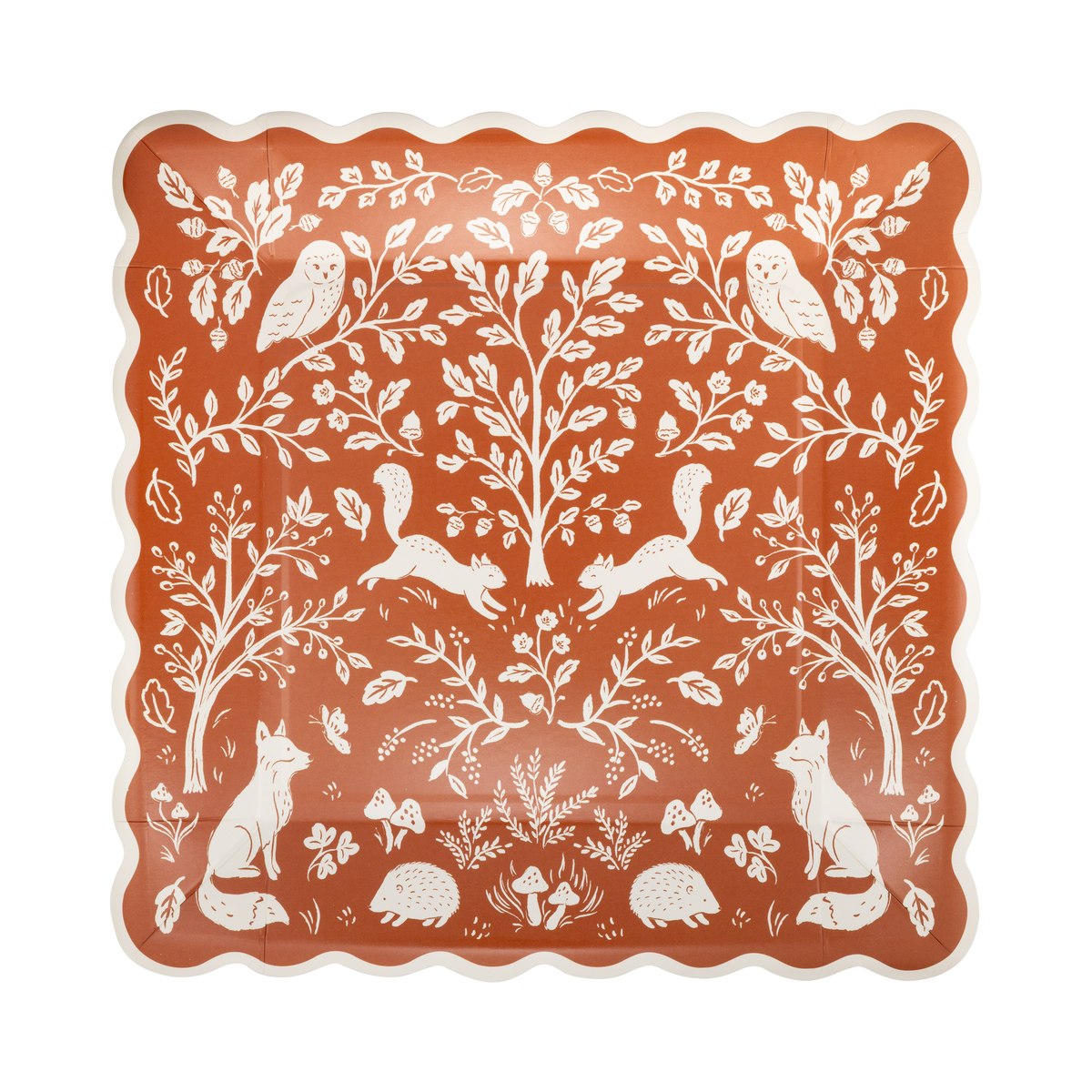 Decorative square rust-colored paper plate with white forest animals and plants pattern.