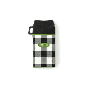 Thermos Die Cut Party Napkins featuring a black lid and a black and white plaid base with a green accent that says "Adventure". 