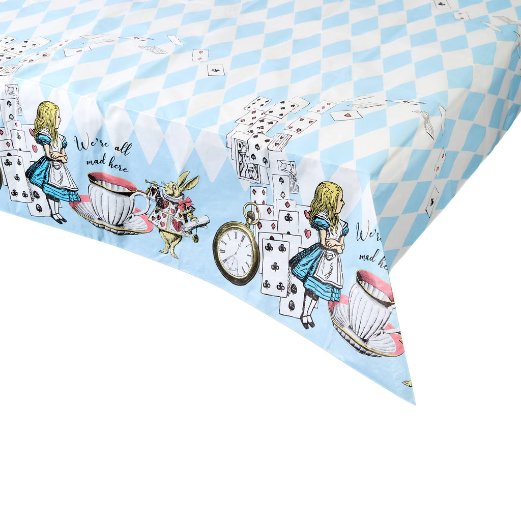 Alice in Wonderland Light Blue and White Checkered Paper Tablecover with colorful illustrations of Alice, a pocket watch, the White Rabbit, and a deck of cards scattered all around, as well as script writing that says "We're all mad here".