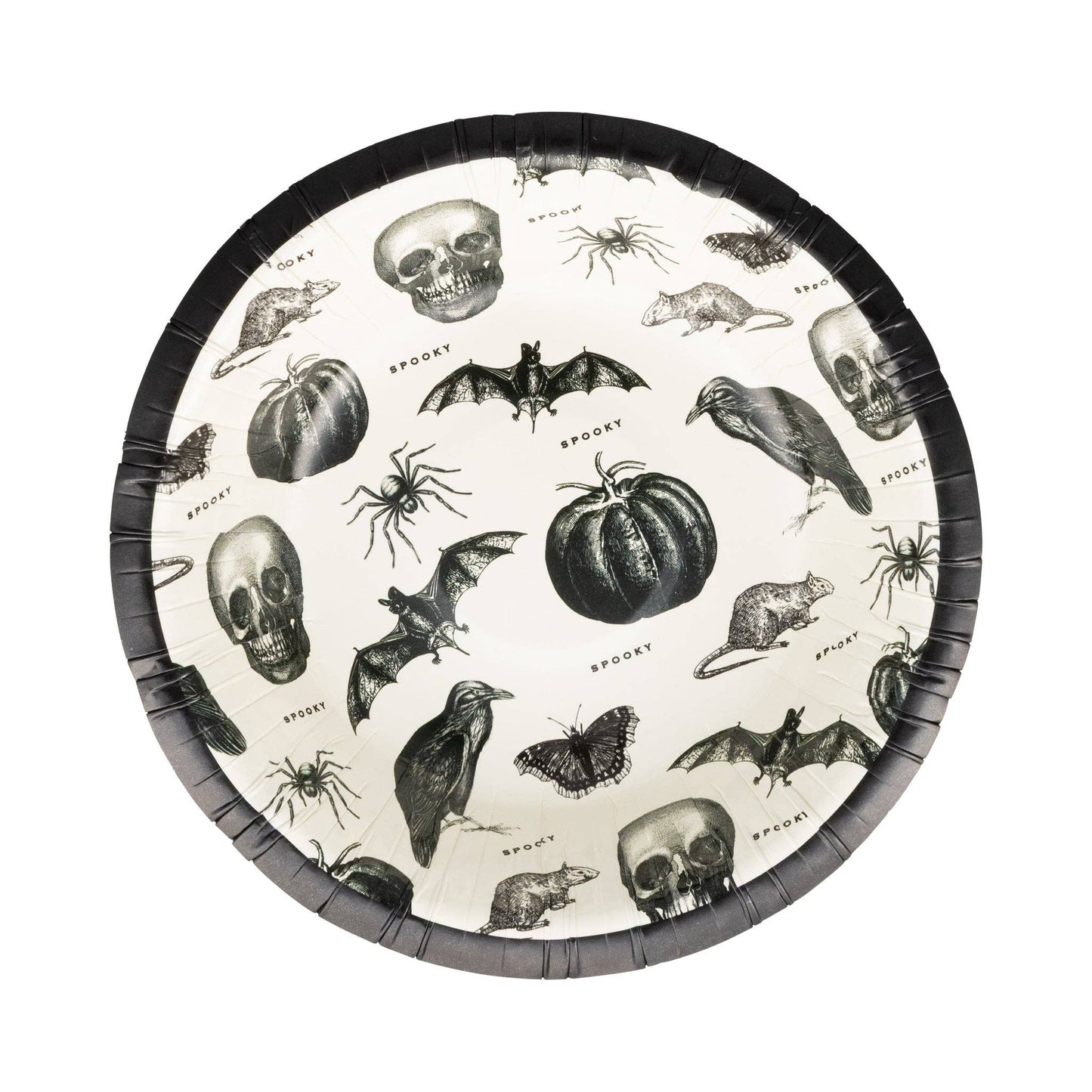 Halloween-themed paper bowl with black border featuring skulls, pumpkins, bats, and rats on a white background.