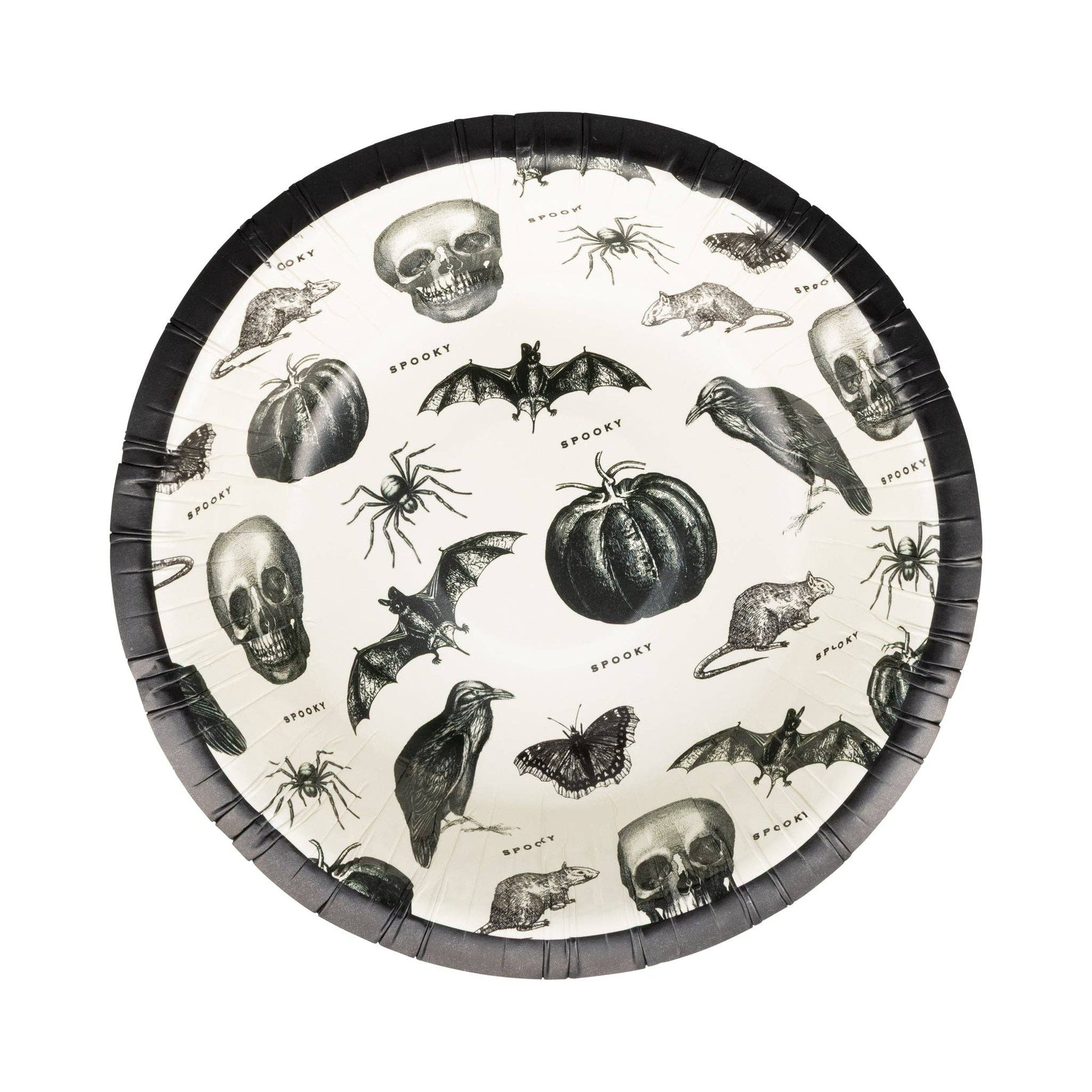 Halloween-themed paper bowl with black border featuring skulls, pumpkins, bats, and rats on a white background.