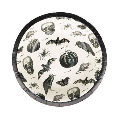 Halloween-themed paper bowl with black border featuring skulls, pumpkins, bats, and rats on a white background.