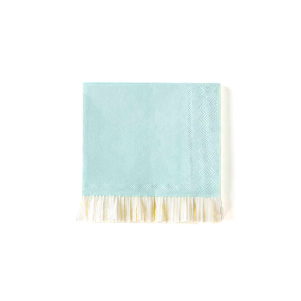 Baby light blue square beverage napkins with cream colored fringe at the bottom.