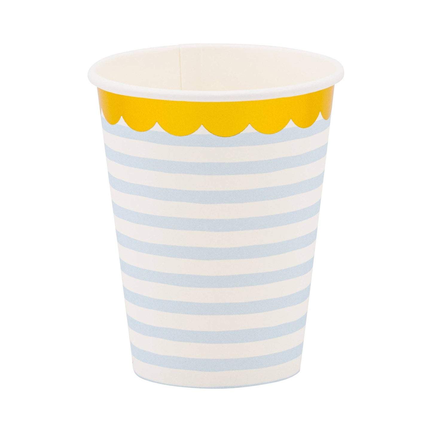 Paper cup with blue and white stripes and gold foil scalloped rim on a white background.