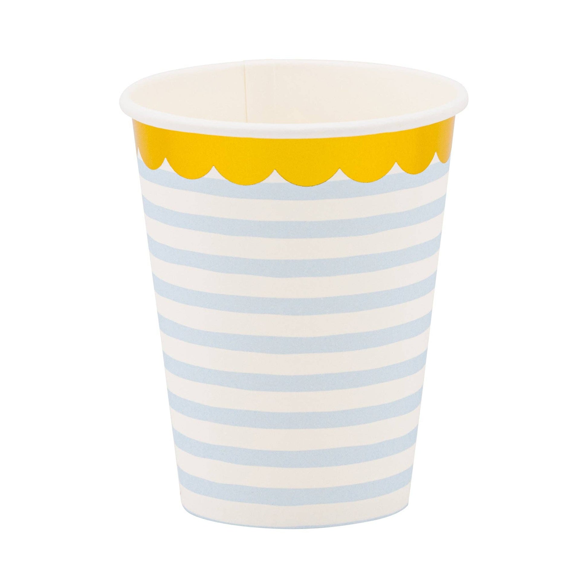 Paper cup with blue and white stripes and gold foil scalloped rim on a white background.