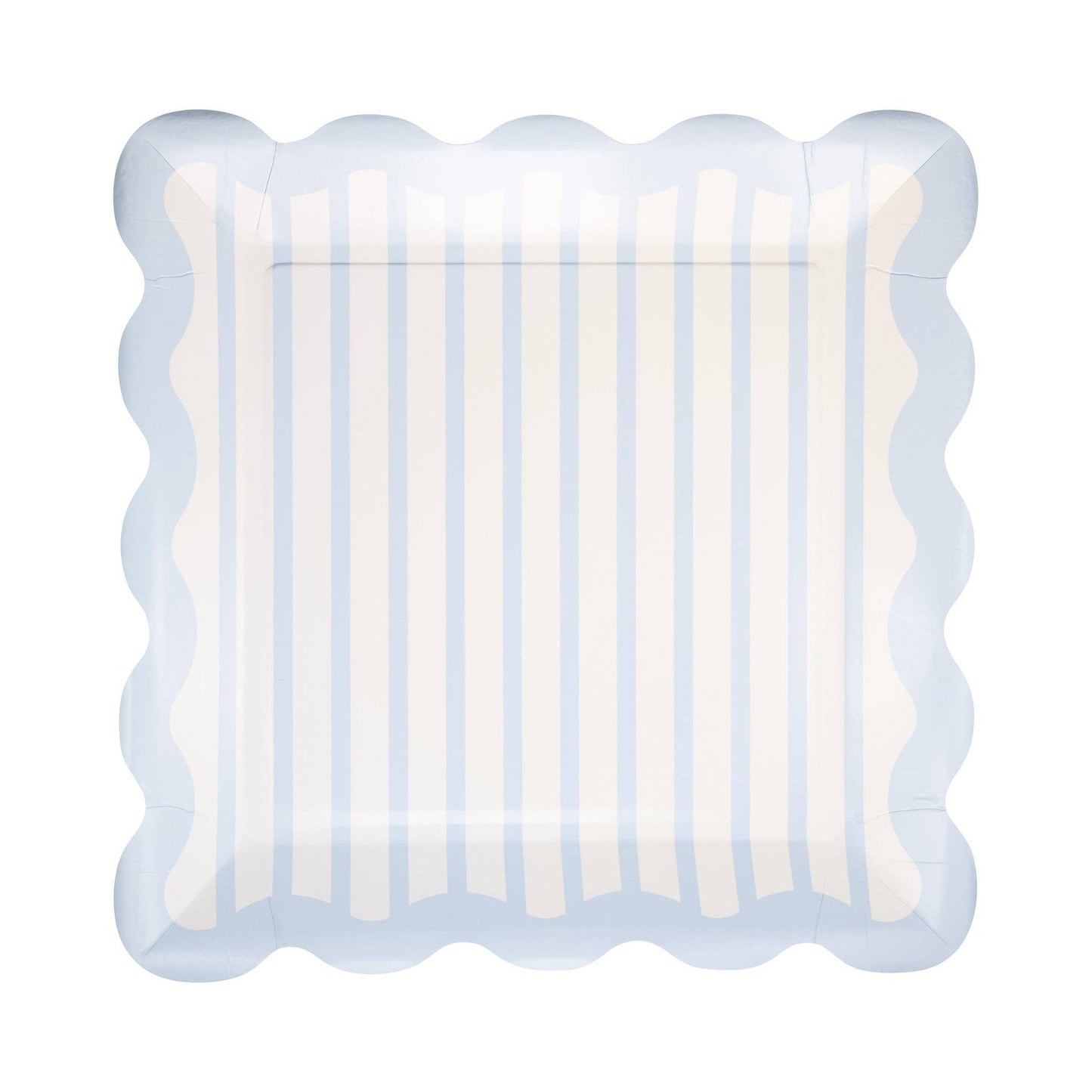 Decorative plate with scalloped edge and blue and white striped pattern on a white background.