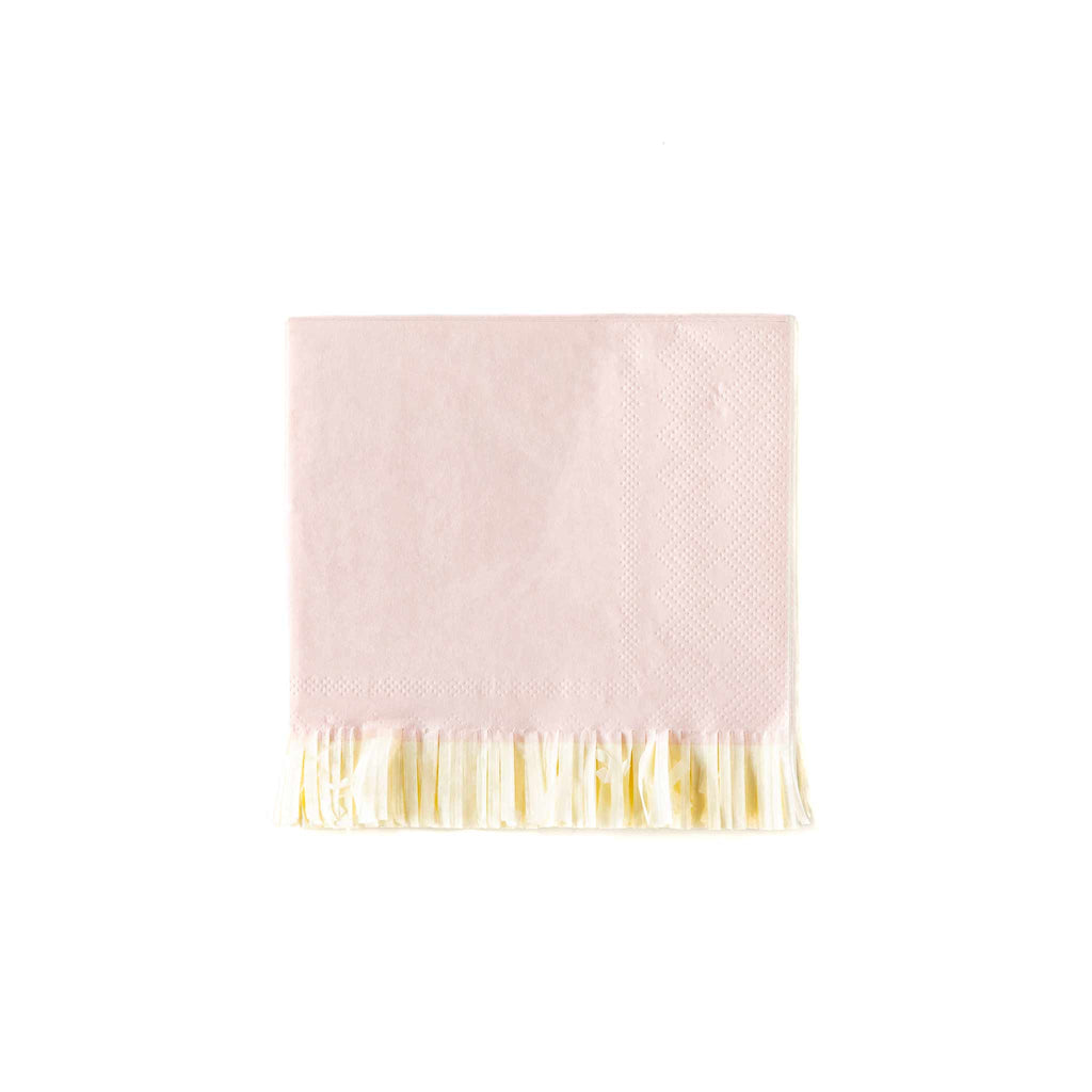 Baby light pink square beverage napkins with cream colored fringe at the bottom.