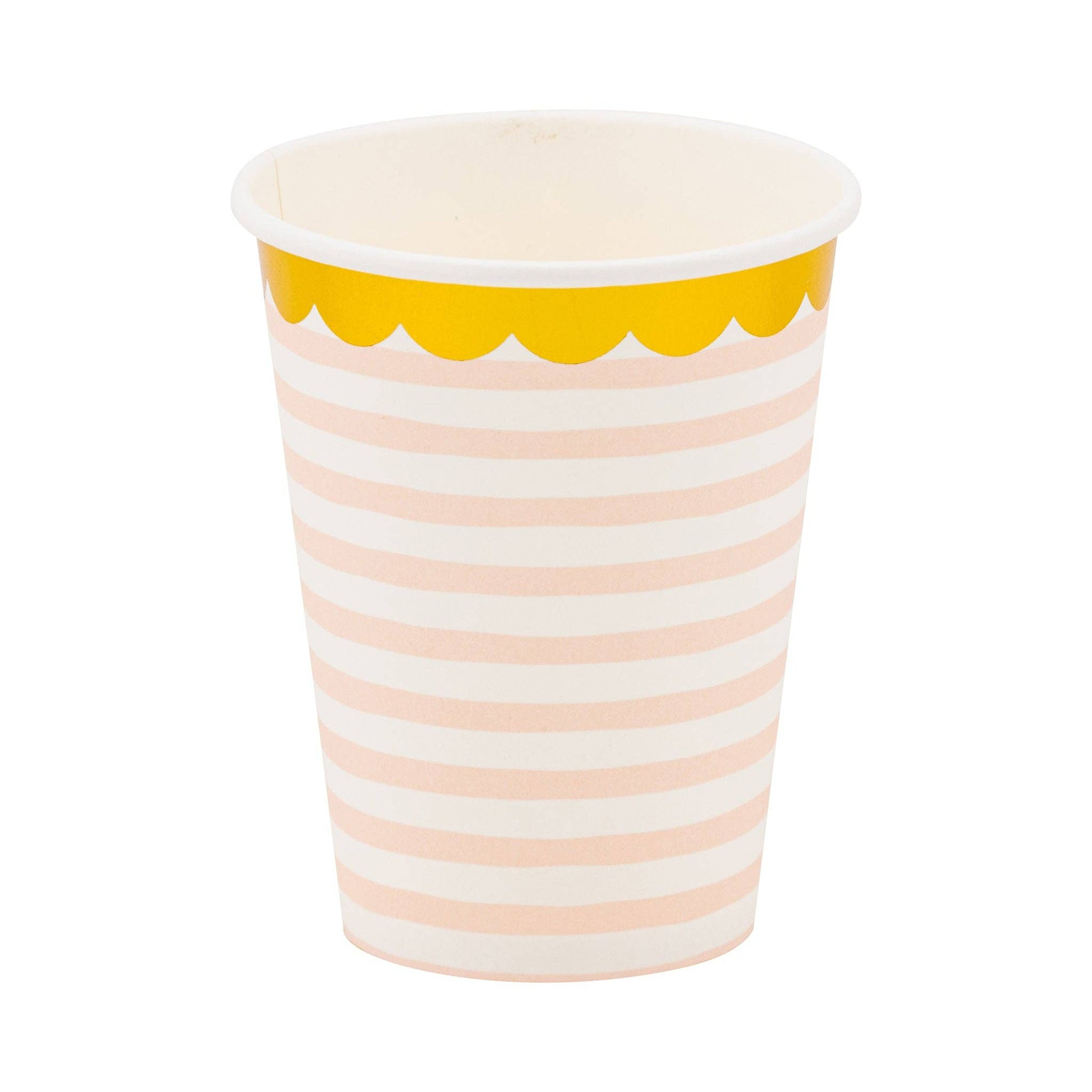 Paper cup with pink and white stripes and gold foil scalloped rim on a white background.