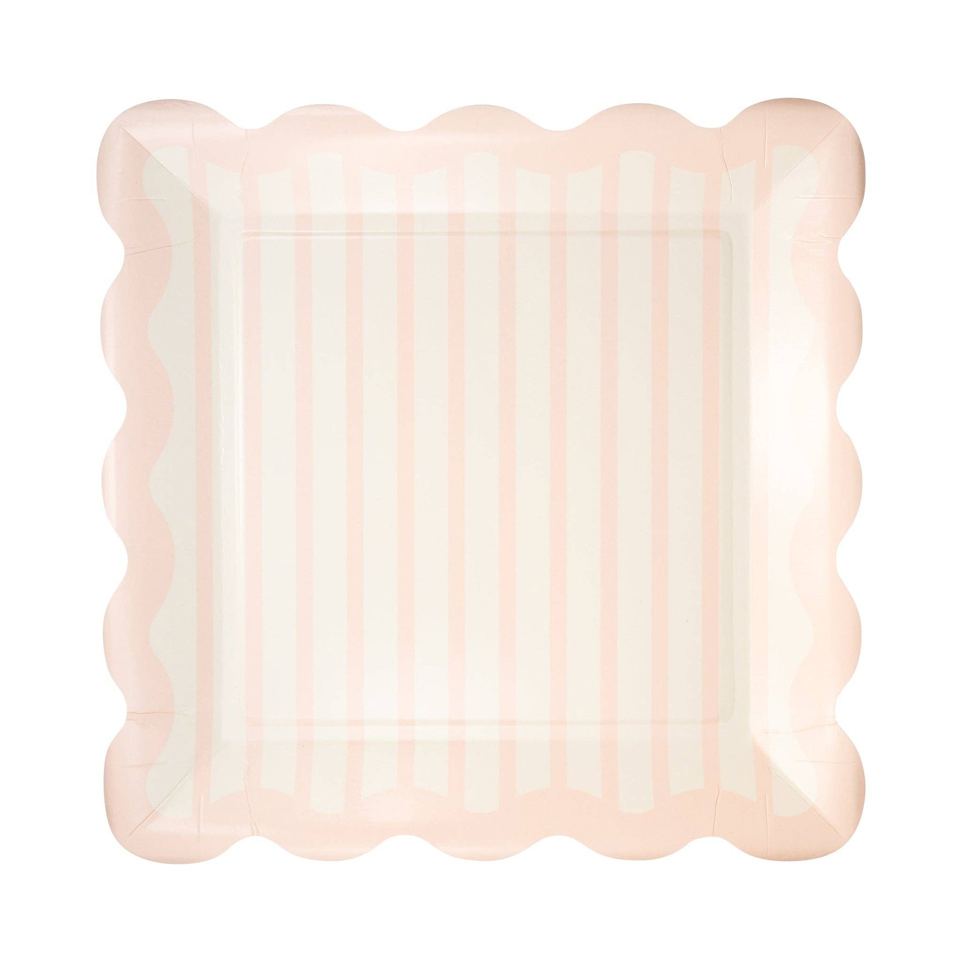Decorative plate with scalloped edge and pink and white striped pattern on a white background.