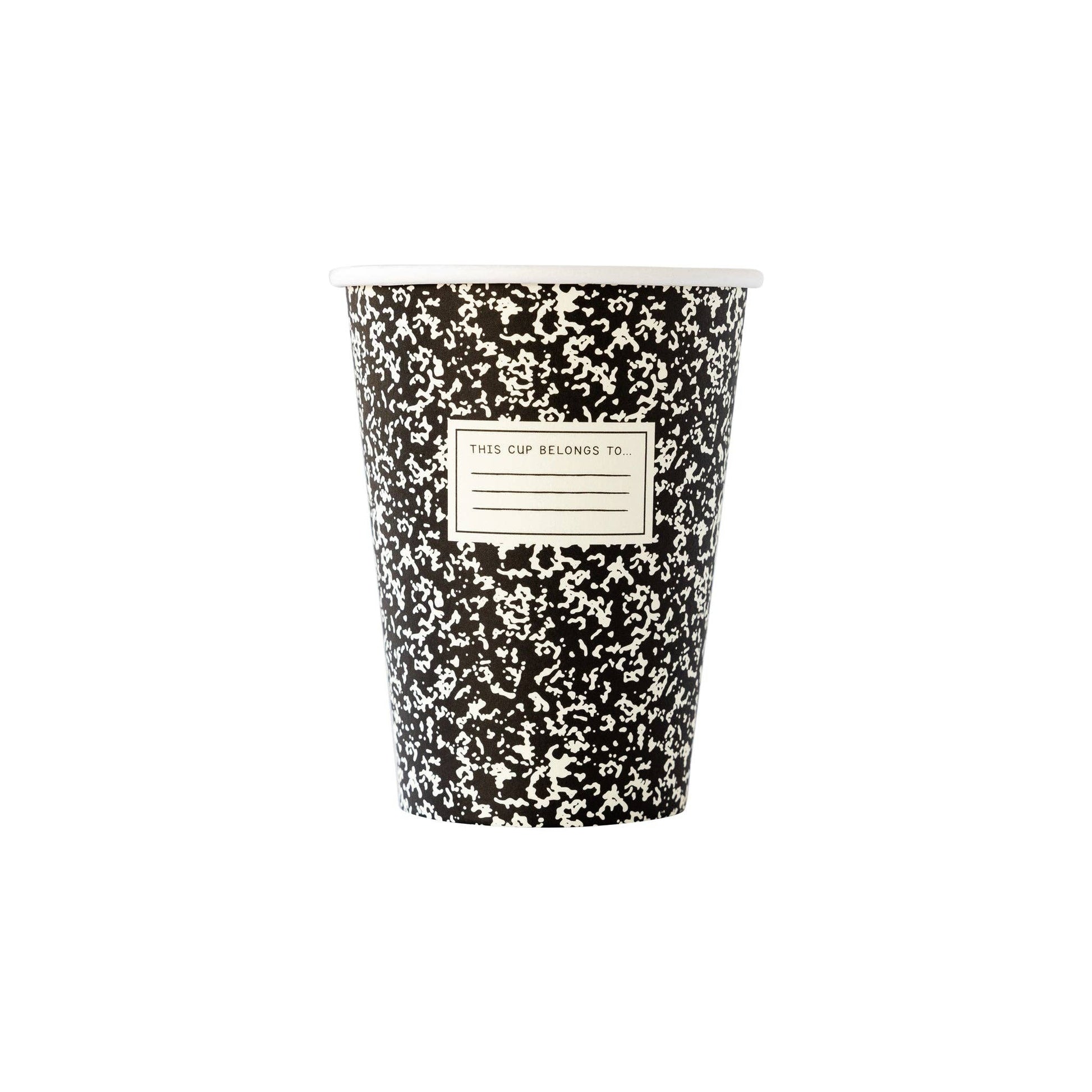 Black and white patterned cup to look like a composition book with a label on a white background