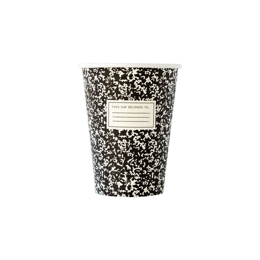 Black and white patterned cup to look like a composition book with a label on a white background