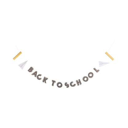 Decorative banner with 'Back to School' text and paper airplane shapes on a white background