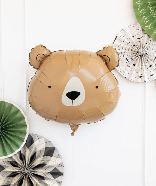 Brown bear-shaped balloon on a white background with decorative fans.