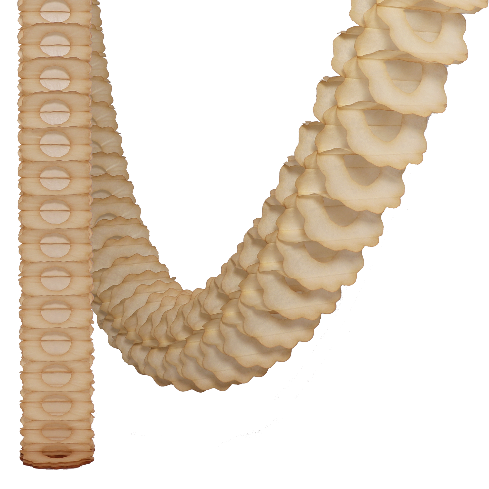 A beige paper garland decoration with a textured, scale-like pattern, coiled in a loop.