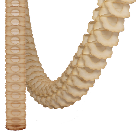 A beige paper garland decoration with a textured, scale-like pattern, coiled in a loop.