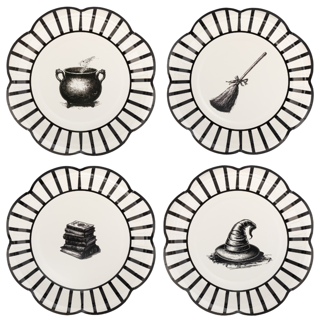Four round decorative plates, each with a scalloped edge, black-and-white striped border, and a black witch-themed illustration in the center: a cauldron, broom, stack of books, and witch hat.