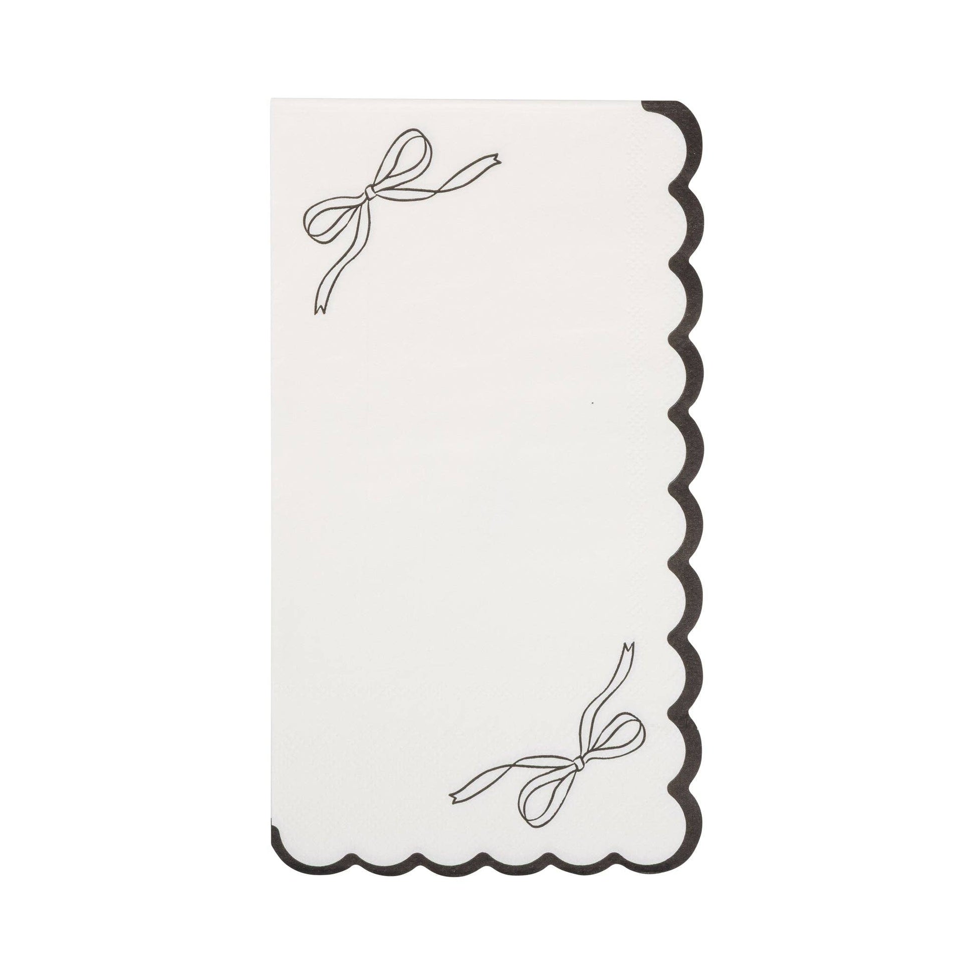 Decorative white napkin with black scalloped edge and bow design on a white background