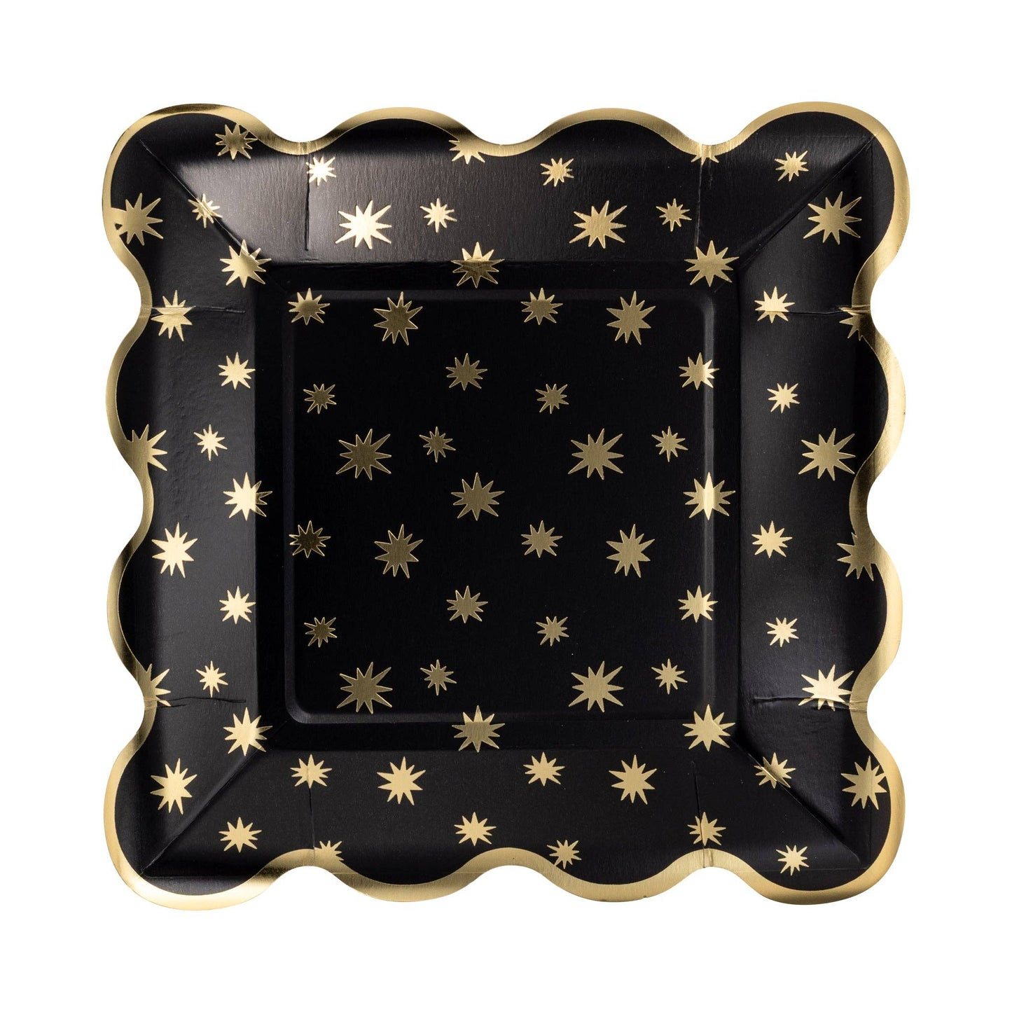 Black paper plate with gold star patterns on a white background.