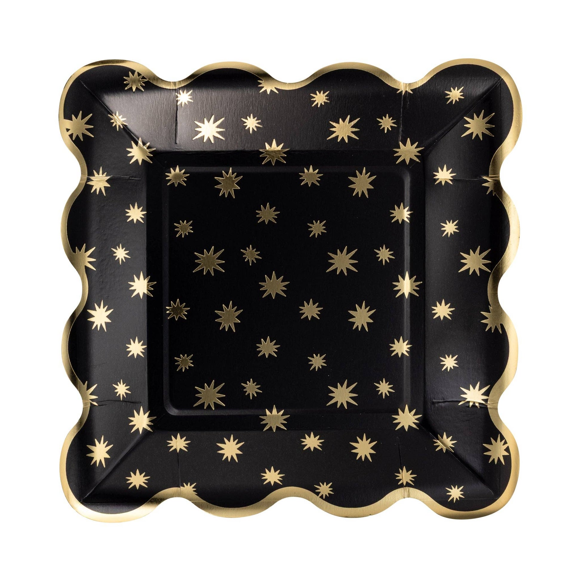 Black paper plate with gold star patterns on a white background.