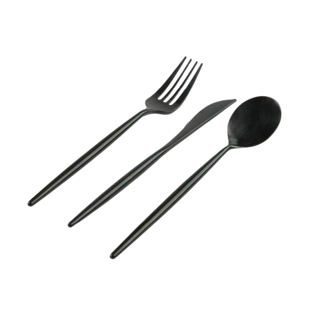 Three-piece black cutlery set including a fork, knife, and spoon, arranged diagonally on a plain white background.