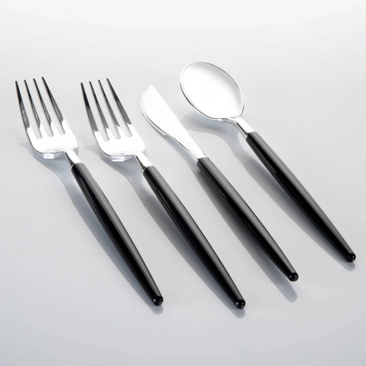 Black, Silver Two-Tone Plastic Cutlery Set | 32 Pieces