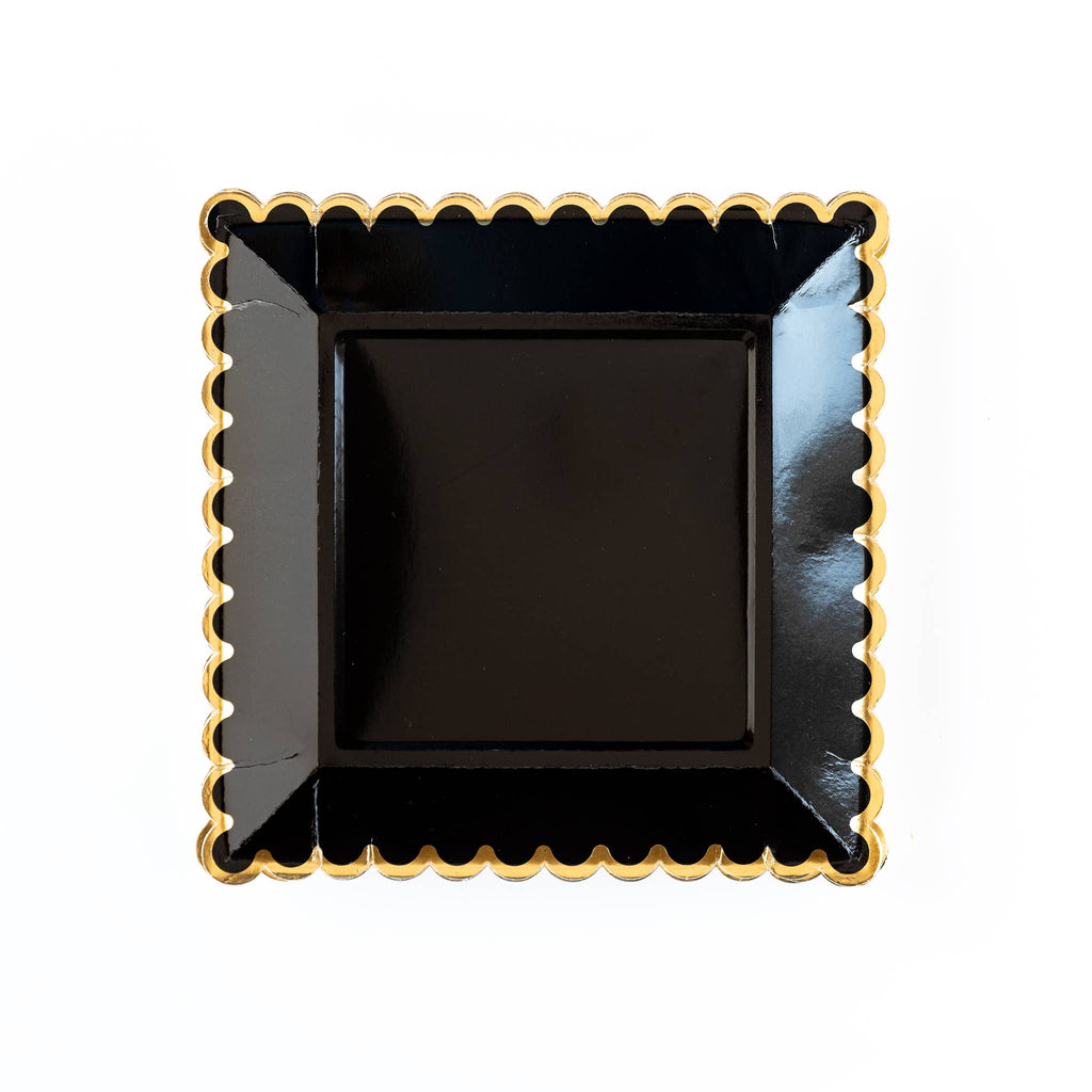 Black 9" Square Paper Party Plates with Gold Scalloped Edges.