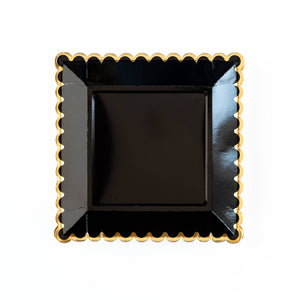 Black 9" Square Paper Party Plates with Gold Scalloped Edges.