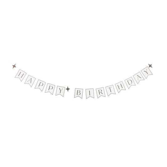 Decorative 'Happy Birthday' banner with stars on a white background