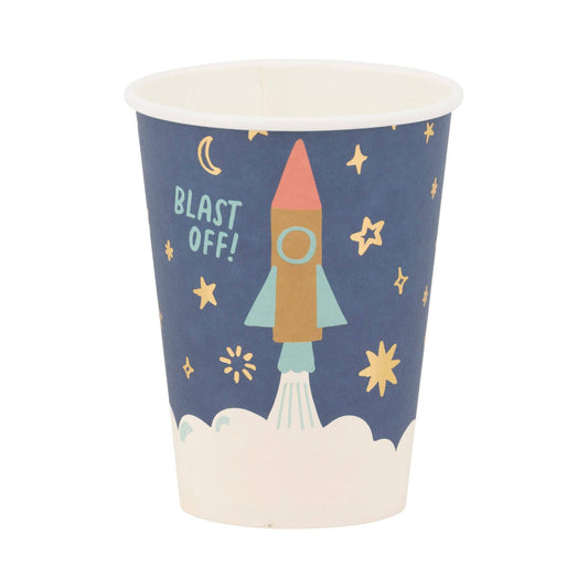 Paper cup with rocket design and 'BLAST OFF!' text on a blue background