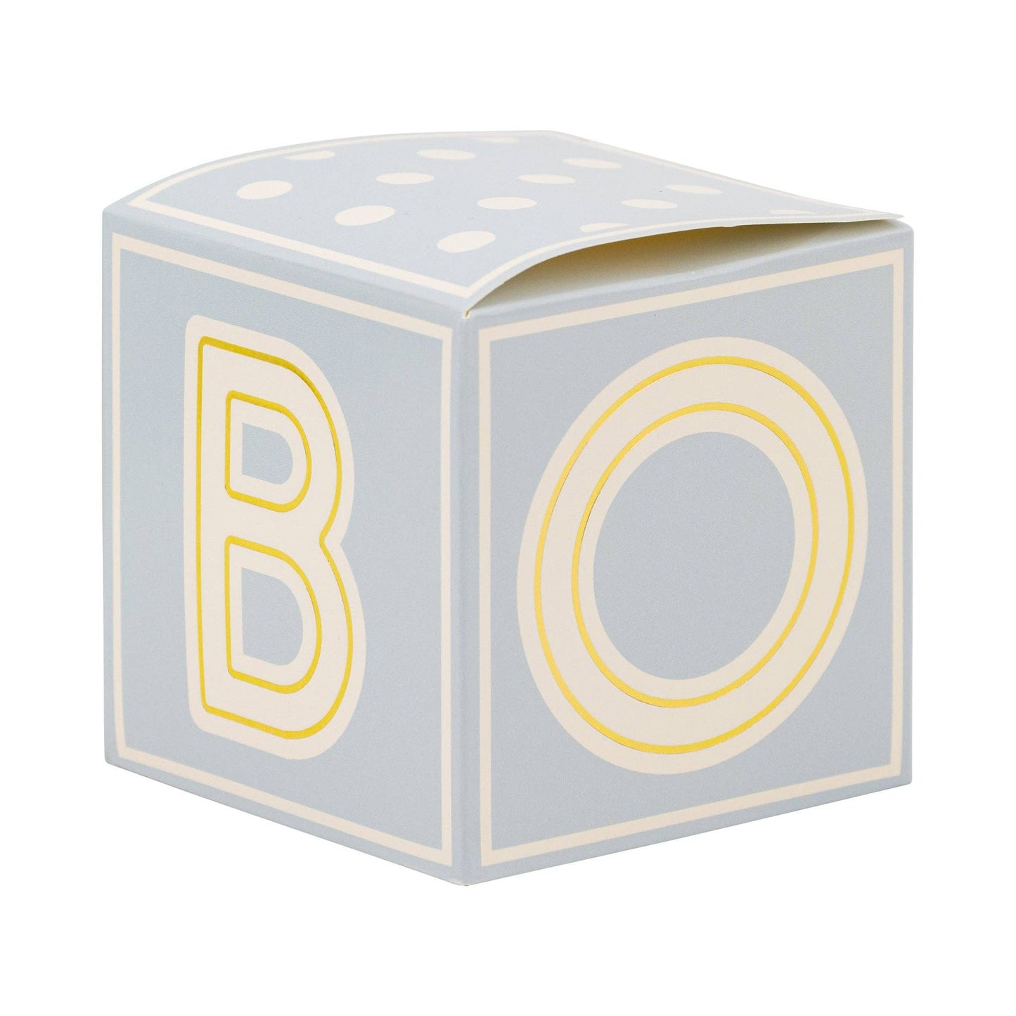 Blue paper party favor box shaped like a baby block with 'B' and 'O' shown.